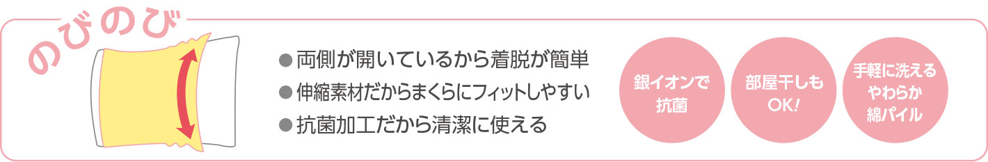 のびのびピローケースの特長：両側が開いているから着脱が簡単、伸縮素材だからまくらにフィットしやすい、抗菌加工だから清潔に使える