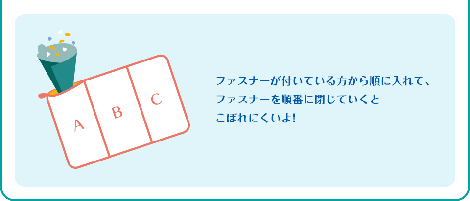 ファスナーが付いている方から順に入れて、ファスナーを順番に閉じていくとこぼれにくいよ!