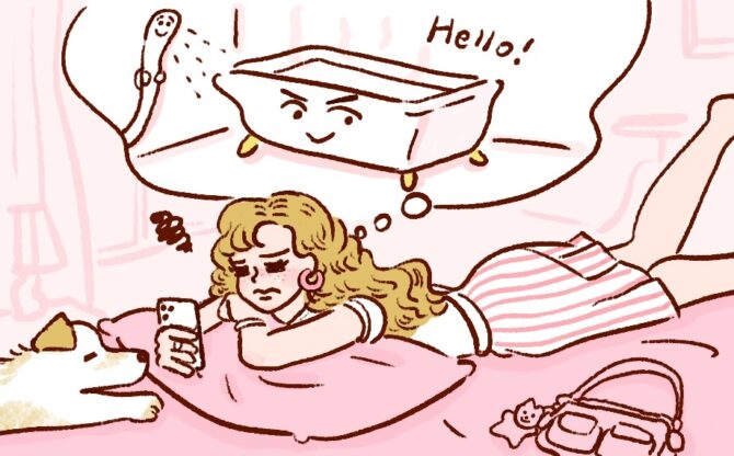 お風呂に入るのをめんどくさがりスマホを見続けている女性