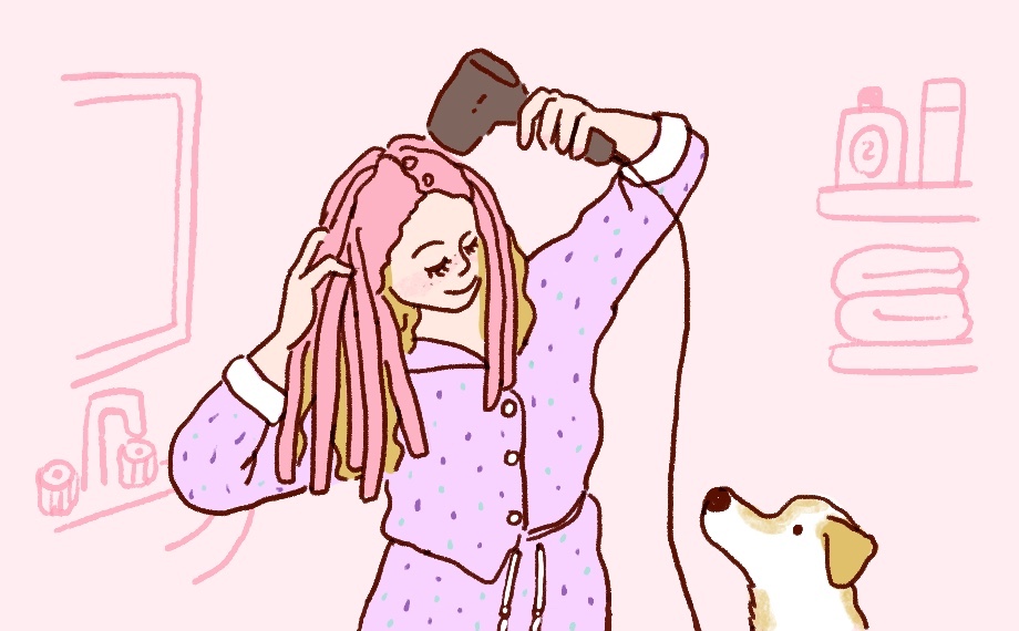 nishikawaの「ぱすたお」を使ってヘアドライをする女性のイラスト