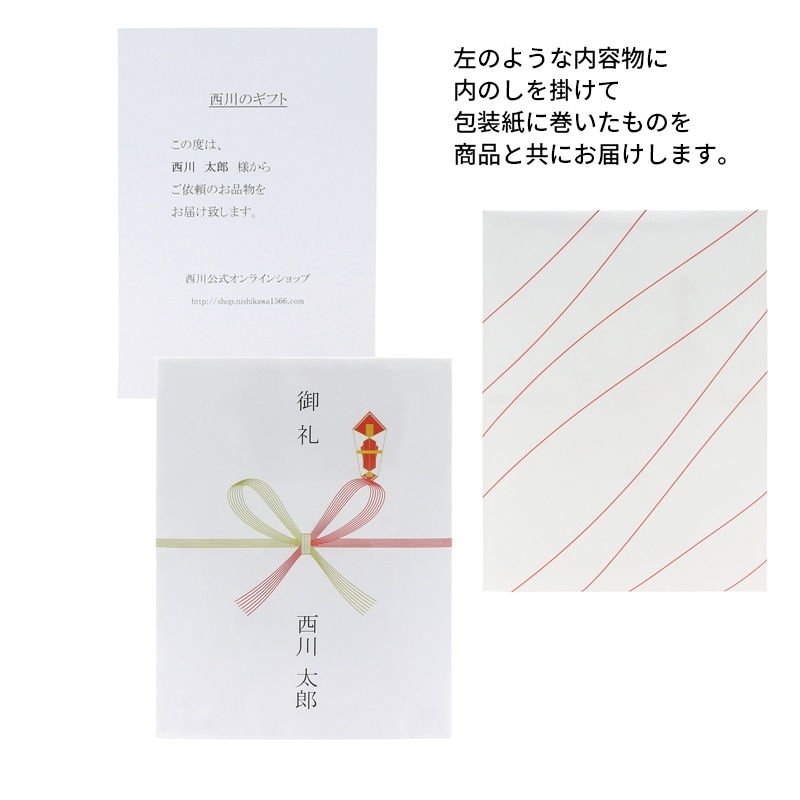 左のような内容物に内のしを掛けて包装紙に巻いたものを商品と共にお届けします。
