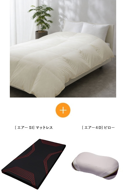 目覚めた羽毛　+2℃　羽毛ふとん　＋　[エアーSI]マットレス　＋　[エアー4D]ピロー