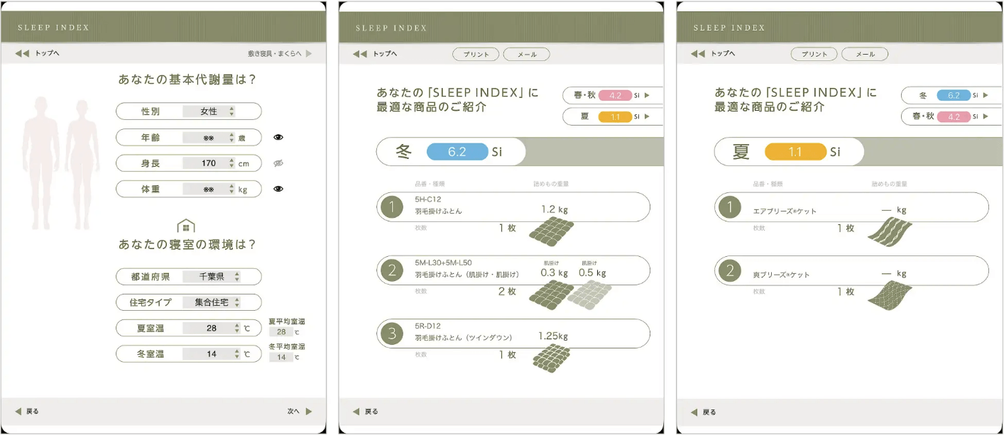 SLEEP INDEXの診断画面。基礎代謝量と寝室環境を入力すると、季節ごとの快適指数Siと最適な掛けふとんを提示。