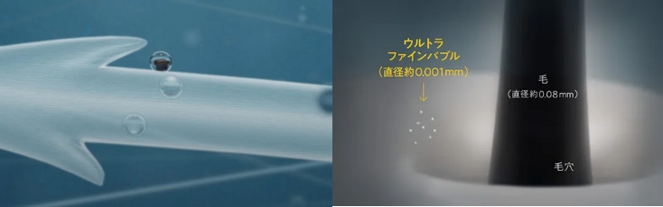 ウルトラファインバブル（直径約0.001mm）と毛（直径約0.08mm）の比較