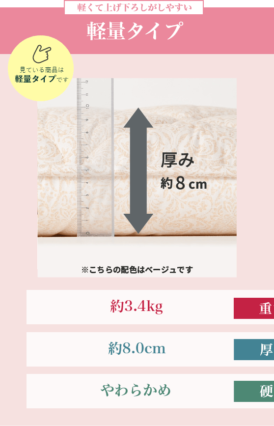 軽くて上げ下ろしがしやすい 軽量タイプ 重さ：約3.4kg、厚み：約8.0cm、硬さ：やわらかめ