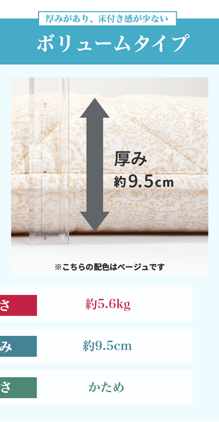 厚みがあり、床付き感が少ない ボリュームタイプ 重さ：約5.6kg、厚み：約9.5cm、硬さ：かため
