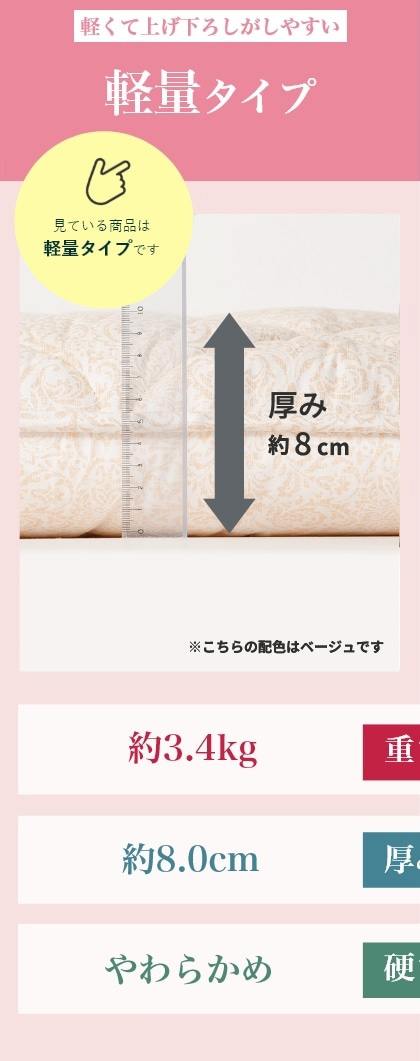 軽くて上げ下ろしがしやすい 軽量タイプ 重さ：約3.4kg、厚み：約8.0cm、硬さ：やわらかめ