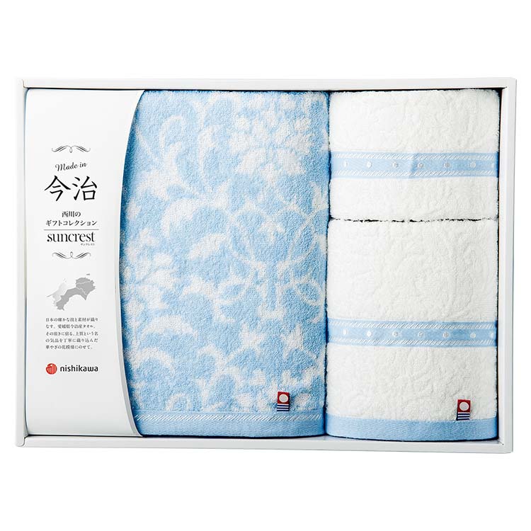 SU6051 バスタオル1枚　フェイスタオル1枚　ウォッシュタオル1枚セット (バスタオル) 60×120cm　(フェイスタオル) 34×75cm　(ウォッシュタオル) 34×35cm 0.7kg（総重量）
34×35cm：タオル