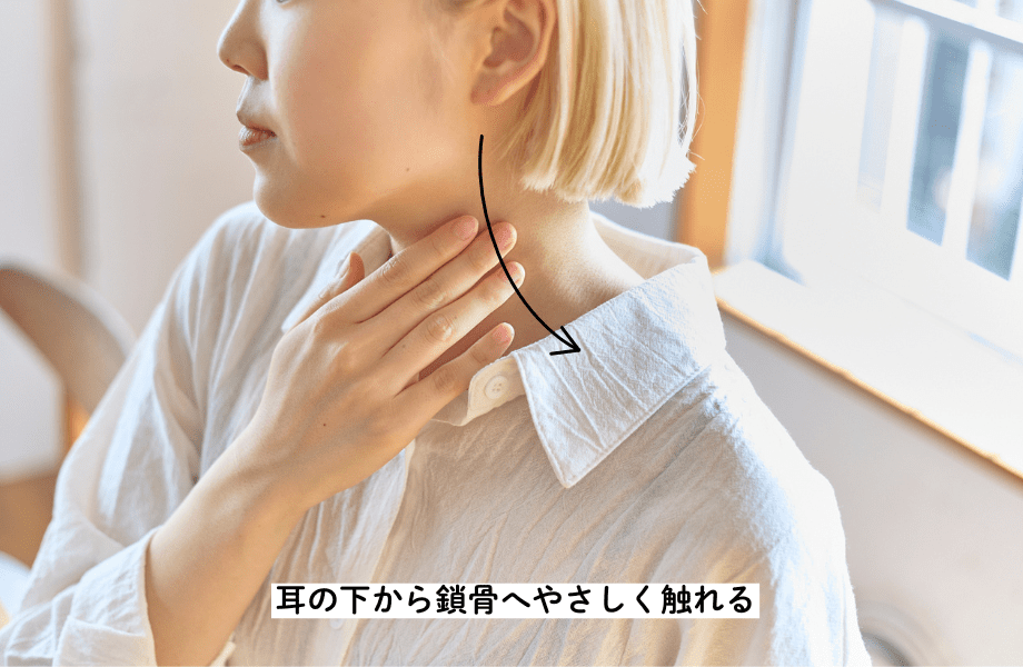 耳の下から鎖骨へやさしく触れる