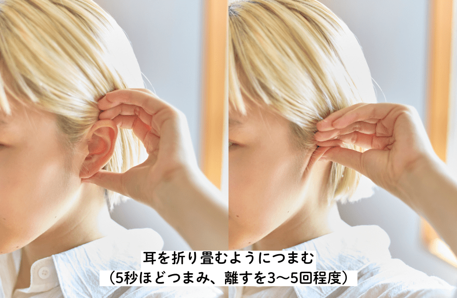 耳を折り畳むようにつまむ